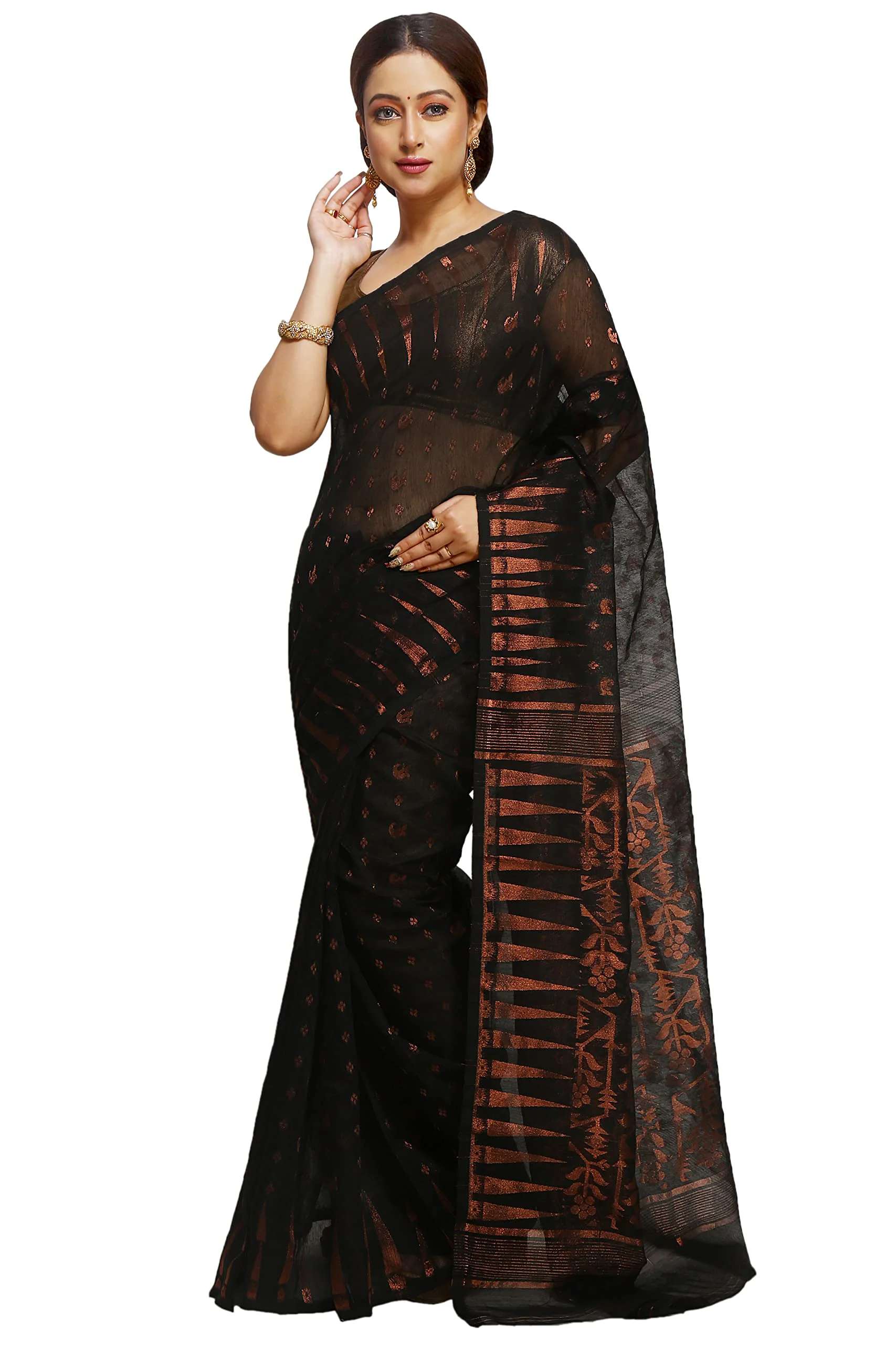 WoodenTant women’s cotton silk dhakai jamdani saree without blouse piece_Black - image 2