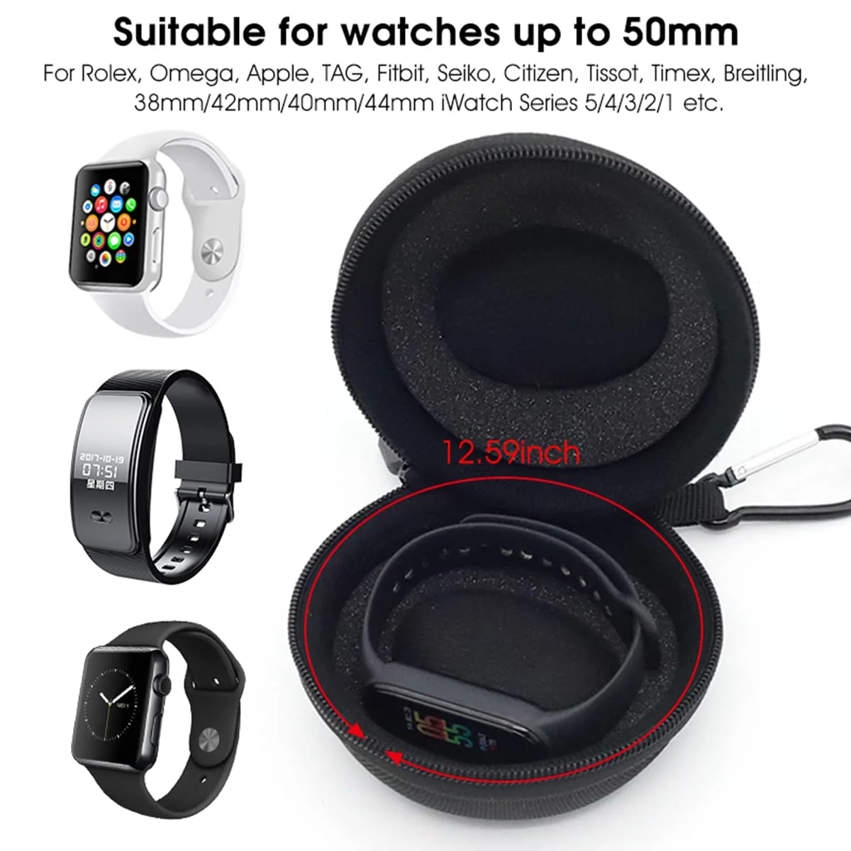 Verilux Travel Watch Hard Storage Box Case Cover for 38mm/42mm/40mm/44mm iWatch Series5/4/3/2/1,Wristwatches & Smart Watches up to 50mm, Black, Nylon - image 4