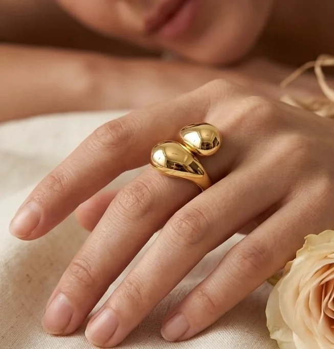 Modern Dual Teardrop Gold Adjustable Ring